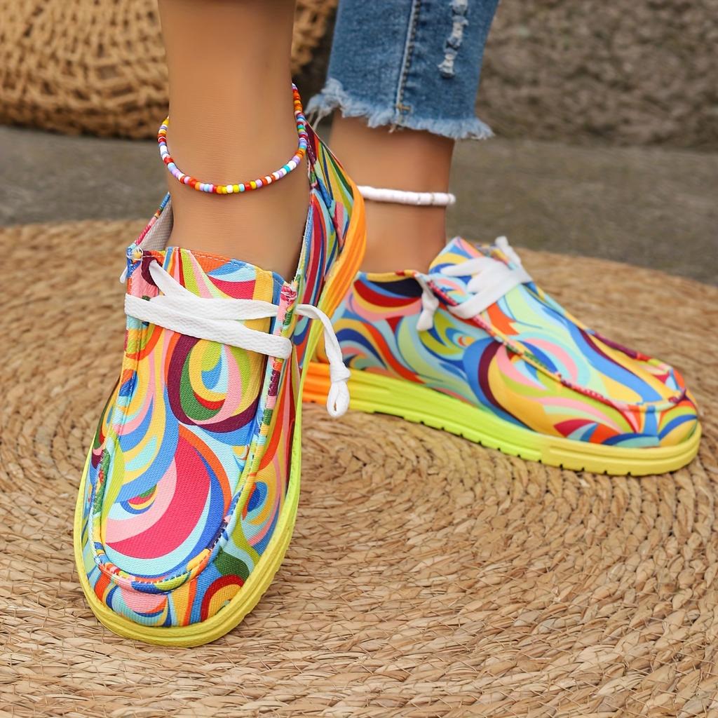 Fashion Women Flats Shoes Autumn New Casual Daily Flat Loafers Ethnic Rainbow Canvas Shoes Ladies Round Toe Multi-Color Print Sneakers