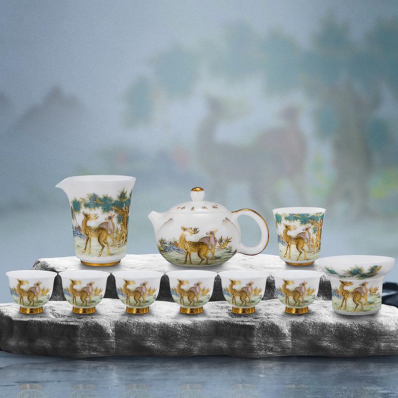 Fu Lu Shuang Quan Ice Jade Porcelain Gaiwan Tea Set Gift Box – Guochao Xishi Kung Fu Tea Souvenir Universal Model