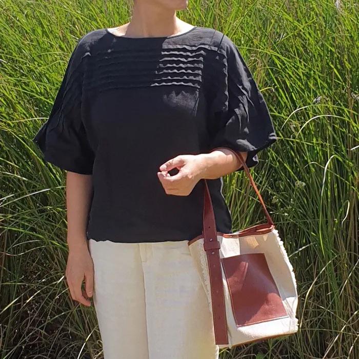 Leather Canvas Bucket Bag / Brown