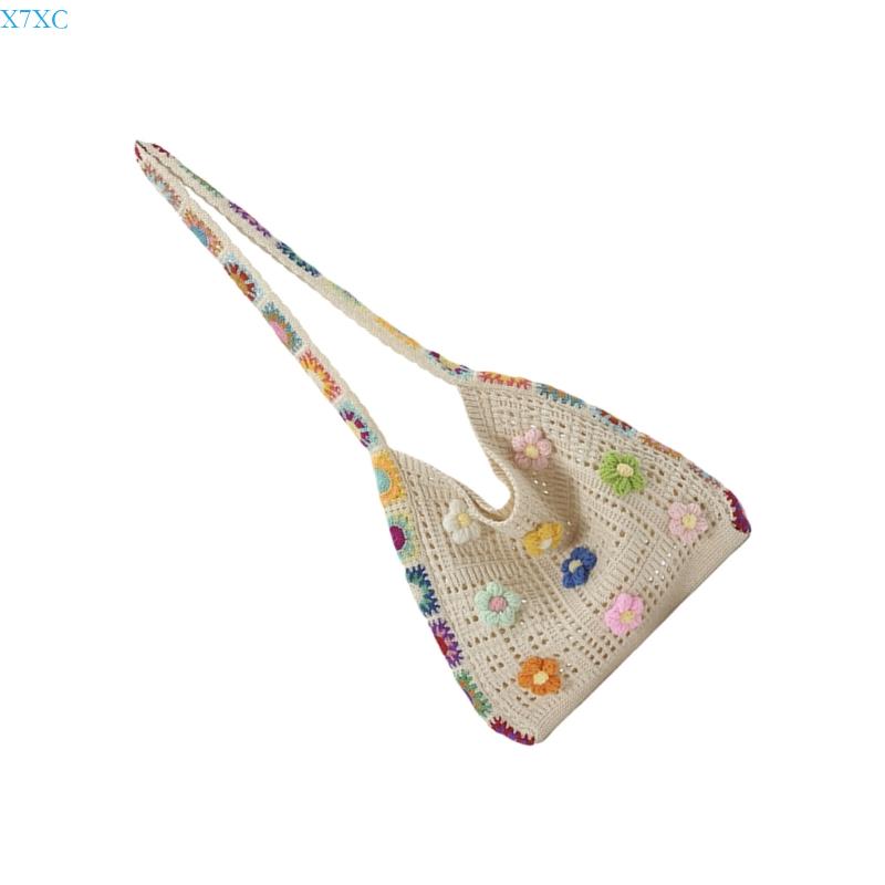 X7XC Women's Crochet Toted Bag Beach Bag Bohemian Shoulder Handbags Summer Vacation Crossbody Bag Portable Knit Hippies Bag