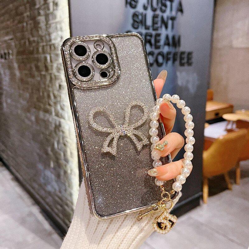 

Applicable To IPhone 16 Mobile Phone Case Electroplating Side Drill Apple 15 Promax Protective Case 14 Glitter Pink Bow iPhone11Promax