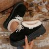 Fashion Chunky Platform Wedge Heel Furry Outdoor Slippers Women 2025 Winter Thick Bottom Plush Mules Slippers Sweet Pearl Bowknot Slides