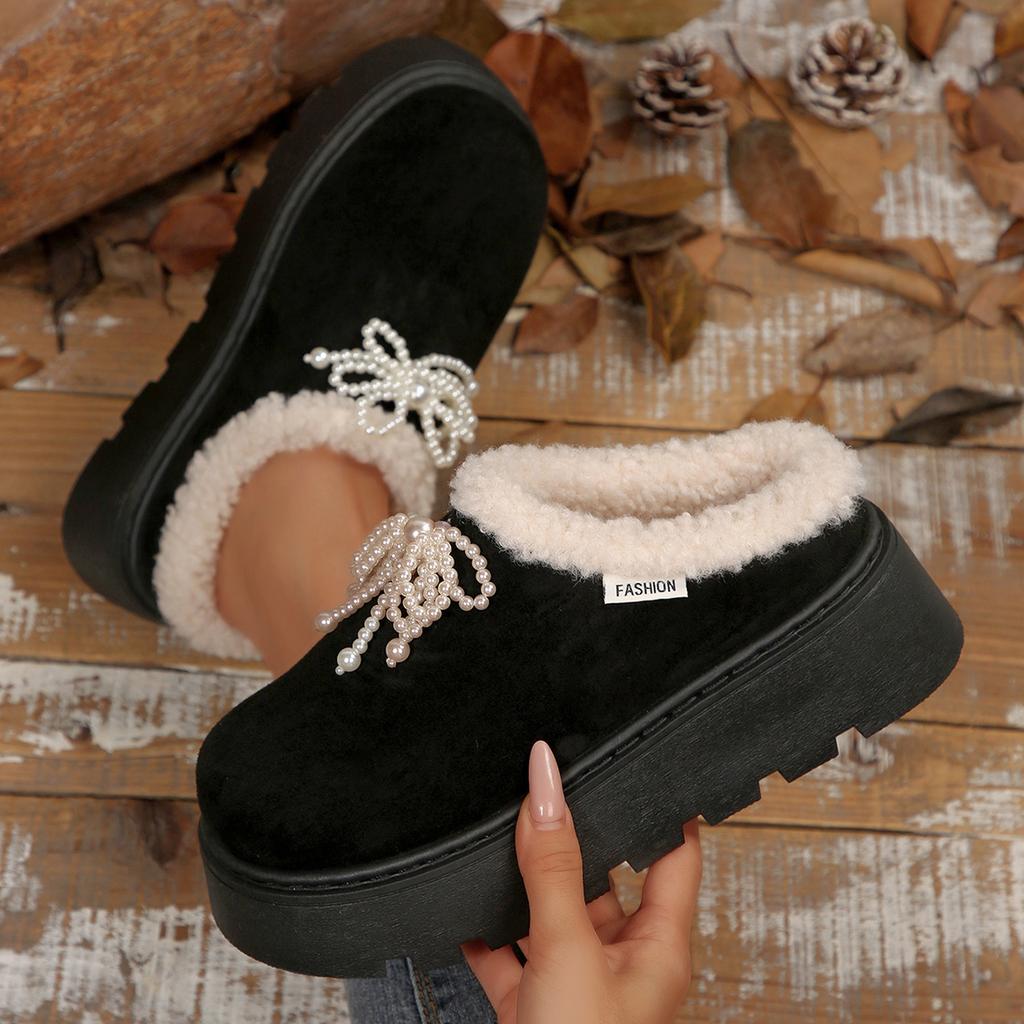 Fashion Chunky Platform Wedge Heel Furry Outdoor Slippers Women 2025 Winter Thick Bottom Plush Mules Slippers Sweet Pearl Bowknot Slides