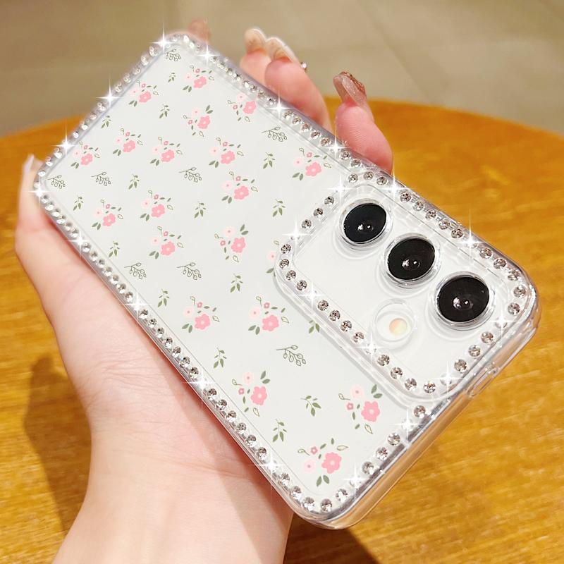 Husă Transparentă cu Cadru Diamant pentru Samsung S25 Edge S24 FE S23 Ultra S22 A56 A36 A16 A15 A55 A35 Model Floral Silicon Moale Antișoc Husă Bumper