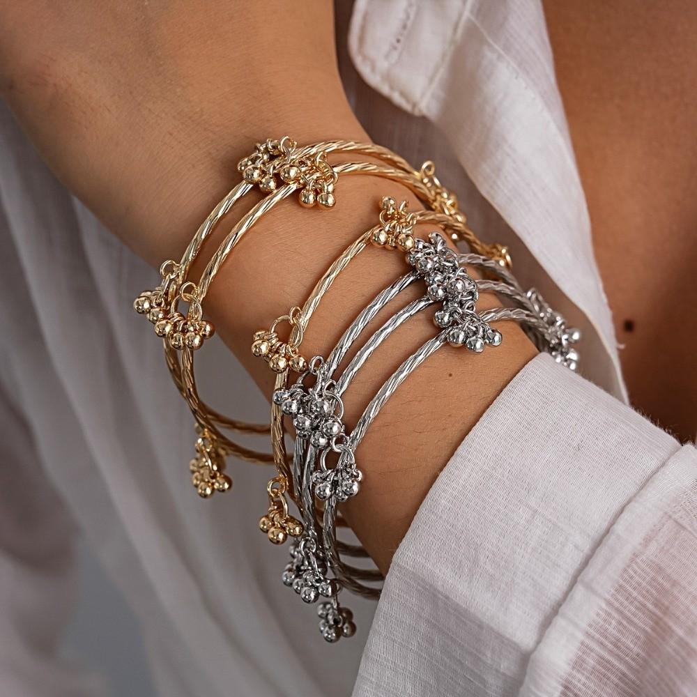 3 Pcs/set Metal Twisted Bangle Bracelet Tiny Bead Bell Boho Bangle Set Punk Accessories
