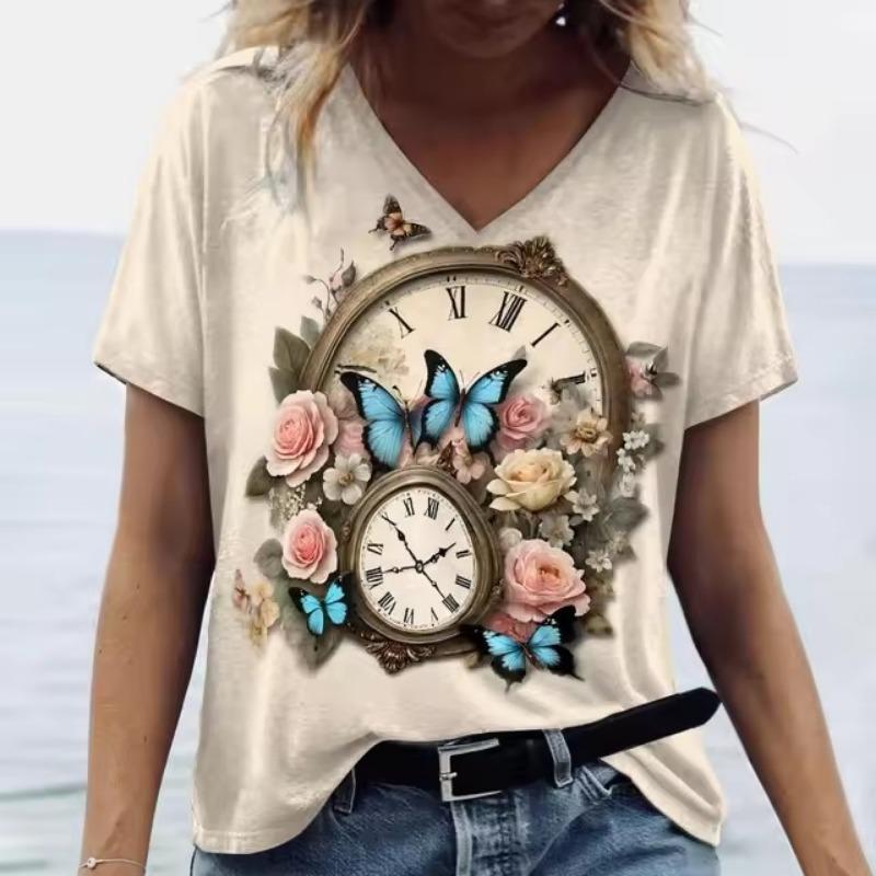 Tricou de damă cu imprimeu 3D, cu litere, cu mânecă scurtă, zilnic, de sfârşit de săptămână, tricou de bază pentru fete, cu decolteu în V, îmbrăcăminte pentru femei, topuri de vară supradimensionate