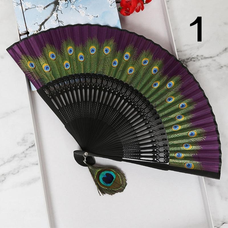 Vintage Feathered Pattern Handheld Fan Wood Folding Fan Vintage Folding Hand Fan for Women Weddings and Dance Parties