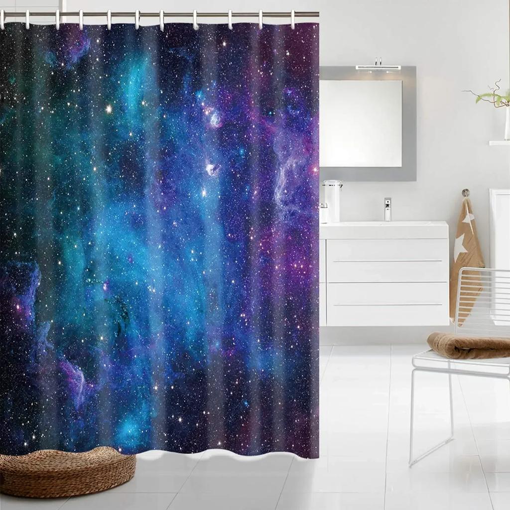 Starry Space Shower Curtain Blue Galaxy Shower Curtains Nebula Waterproof Polyester Fabric for Bathtub Bath Room Decor with Hook