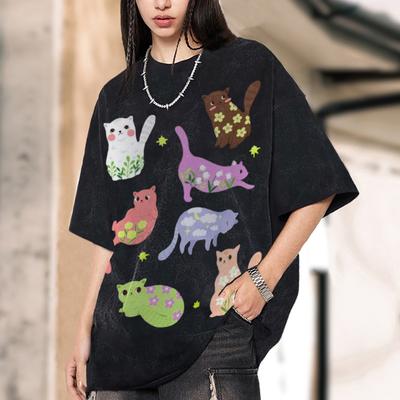 Tricou Dama Distressed cu Imprimeu Animal Cartoon Oversized Vintage Distressed Mânecă Scurtă Unisex Spălare Top Drăguț