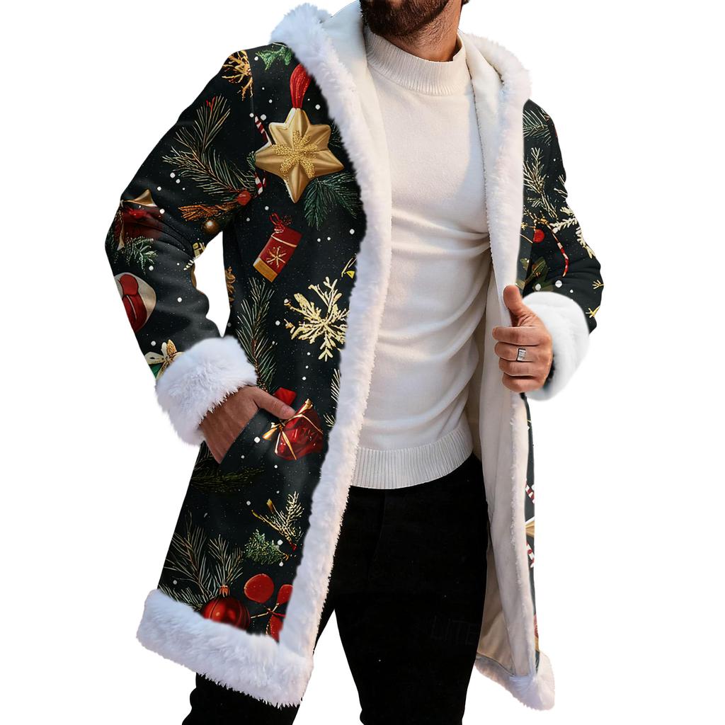 Men's Christmas Long Hooded Cardigan With Pockets Warm Jacket