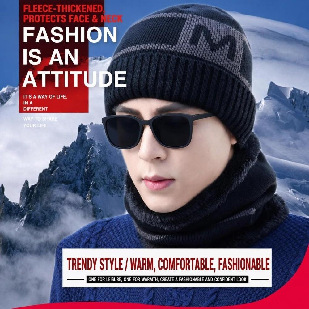 Plush Lined Knitted Beanie Set Windproof Winter Knit Headwear Set Cozy Neck Warmer Set  For Men