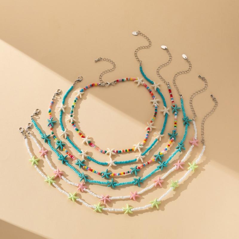 Elegant Turquoise Starfish Charm Necklace Adjustable Length Neckchain Fashionable Clavicle Chain Accessory for Ladies