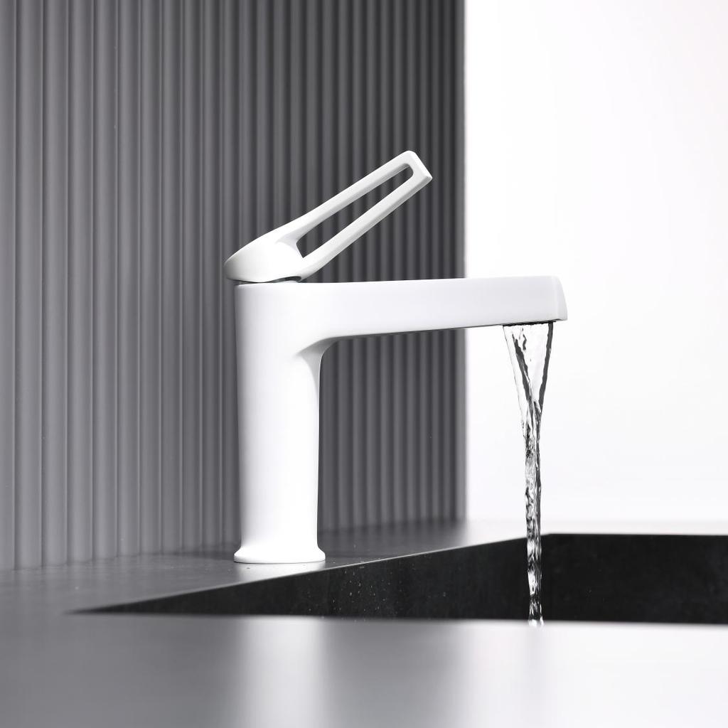 Bathroom Undermount Basin Faucet Waterfall Spout,Cold and Hot Mixer, Hollow-Out Handle, tap White