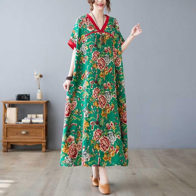 Summer New Printed V-neck Loose Large Size Chinese Style Long Dress Temperament Female