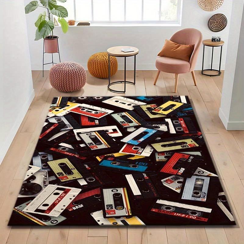 Retro Cassette Tape Design Area Rug - Non-Slip, Durable Polyester Floor Mat with Vintage Music Recording Aesthetic for Living