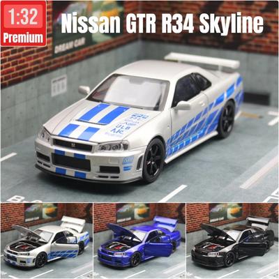 1/32 Nissan Skyline GTR R34 JDM Modelo de Carro de Brinquedo Veículo Diecast Miniatura Som e Luz Puxar para Trás Coleção Presente Crianças Menino