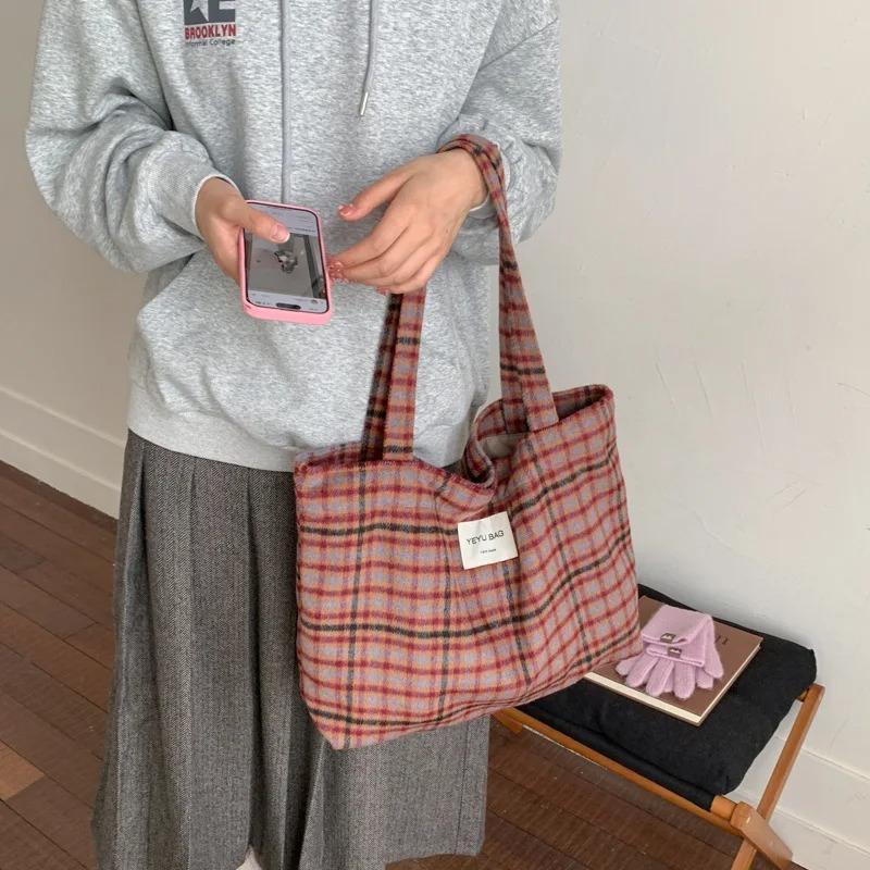 Colored Plaid Women's Woolen Shoulder Bags Vintage Large Capacity Ladies Handle Canvas Tote College Style Girls Book Handbags
