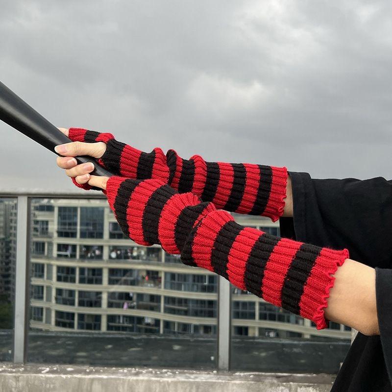 Lolita Long Socks Women's Leg Warmers Red Black Strip Arm Warmer Keep Sleeve Autumn Winter Crochet Socks Boot Cuffs Accessories
