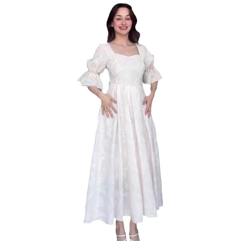 2024 European & American Summer Women's French Tea Break Dress: Elegant Long Solid Color with Square Neck & Puff Sleeves.