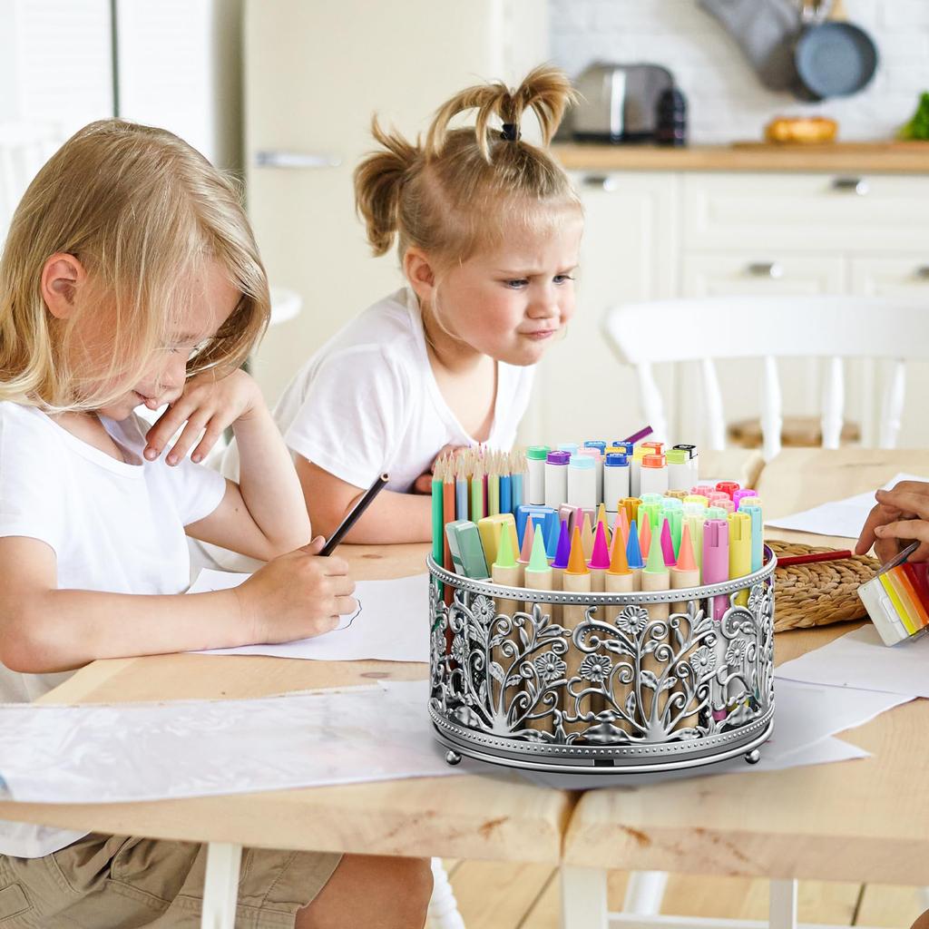 360-Degree Rotating Lace Metal Pen Holder with Large Capacity, 4-Grid Organizer, Perfect for Small Item Storage, Stationery, Cosmetics, and More.