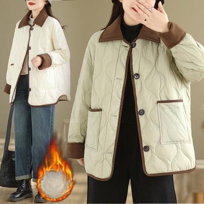Women's Turn Down Collar Long Sleeve Jacket Loose Fit Vintage Contrast Collar Quilted Padded Coat