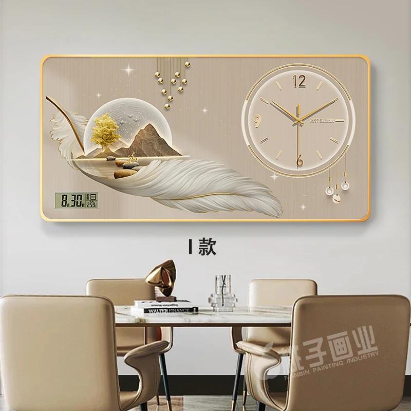 New perpetual calendar decorative painting light luxury feather wall clock living room hanging painting home electronic clock