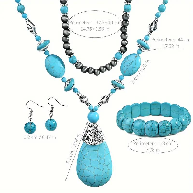 Vintage Round Beads Synthetic Turquoise Necklace Bracelet Earrings Set Women's Classic Trendy Holiday Handmade Zircon