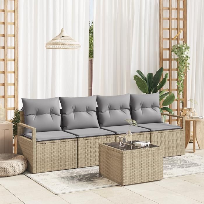 Ensemble de canapé de jardin 5 pièces avec coussins Beige Poly Rotin, Canapé de jardin 2 places avec coussins Beige Poly 3346250