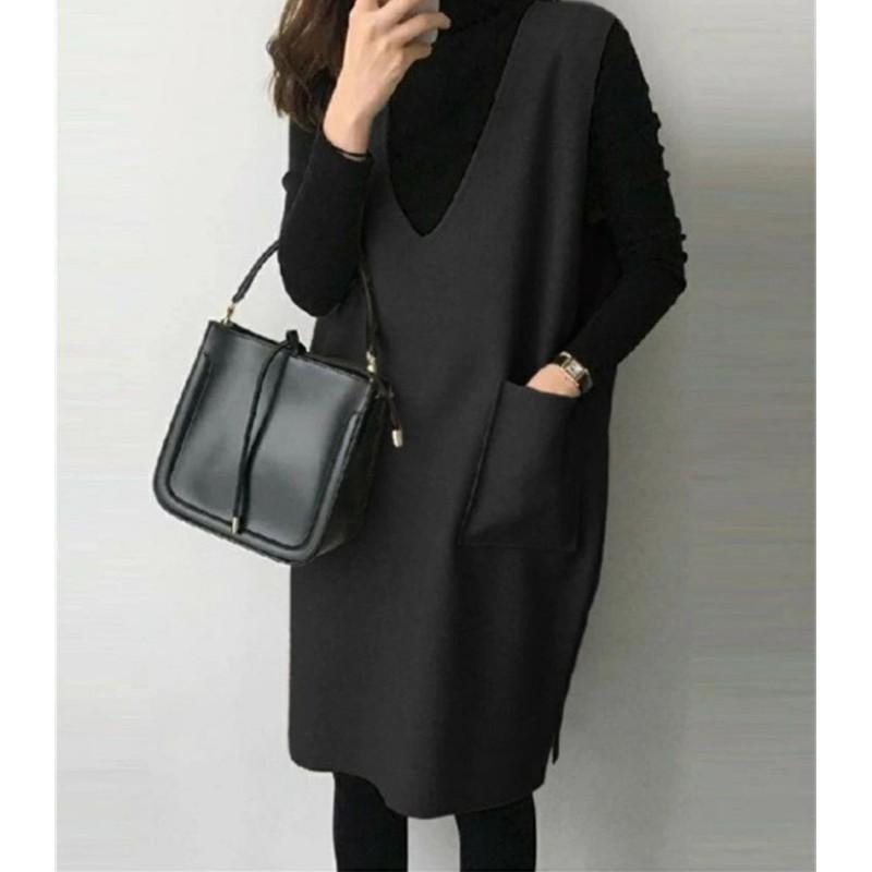 Women's Autumn and Winter Solid Color Loose Vest Skirt Solid Color V-Neck Elegant Commuter Pullover Dresses