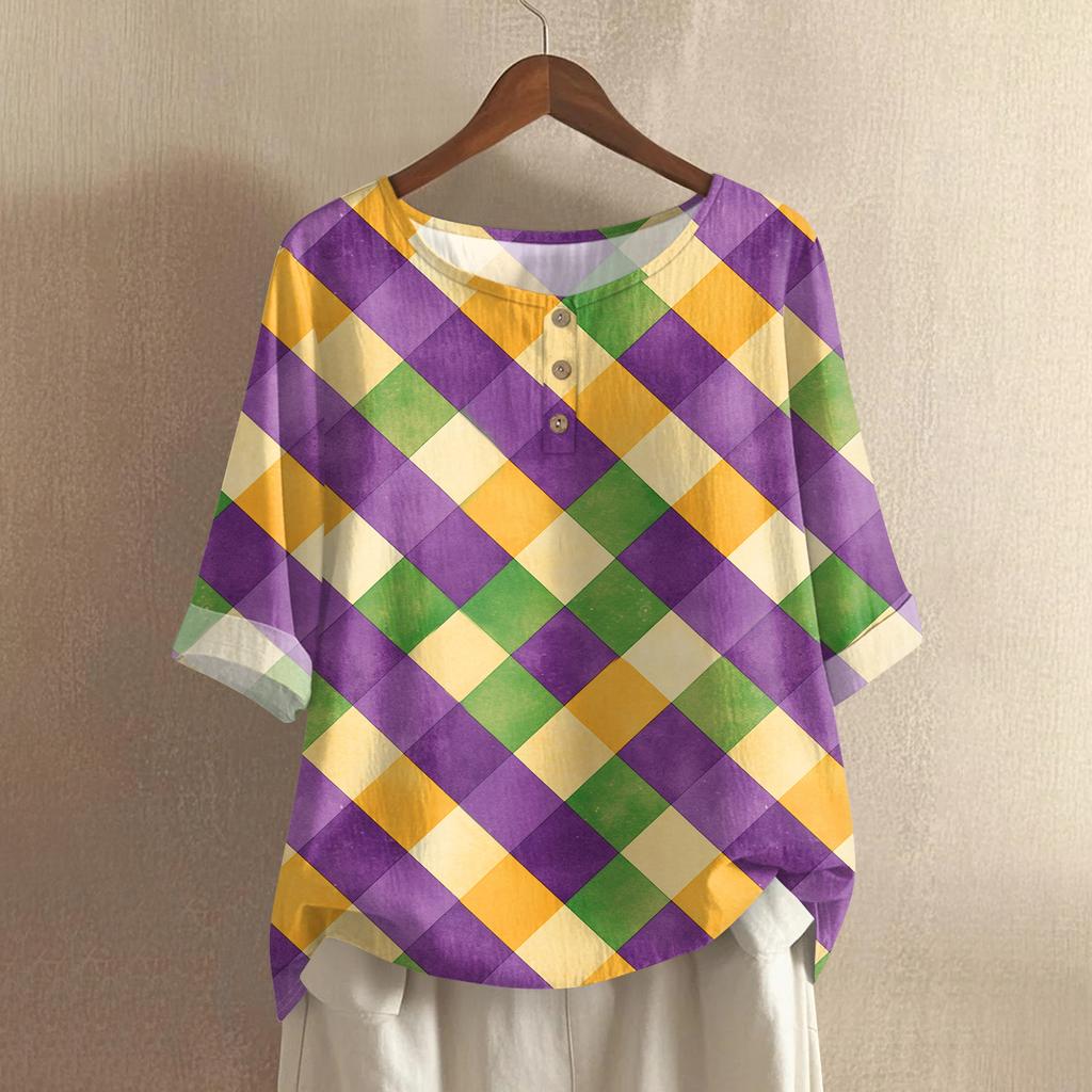 Women's Casual And Comfortable Mid-Length Round-Neck Fashion Print Cotton-Linen Top