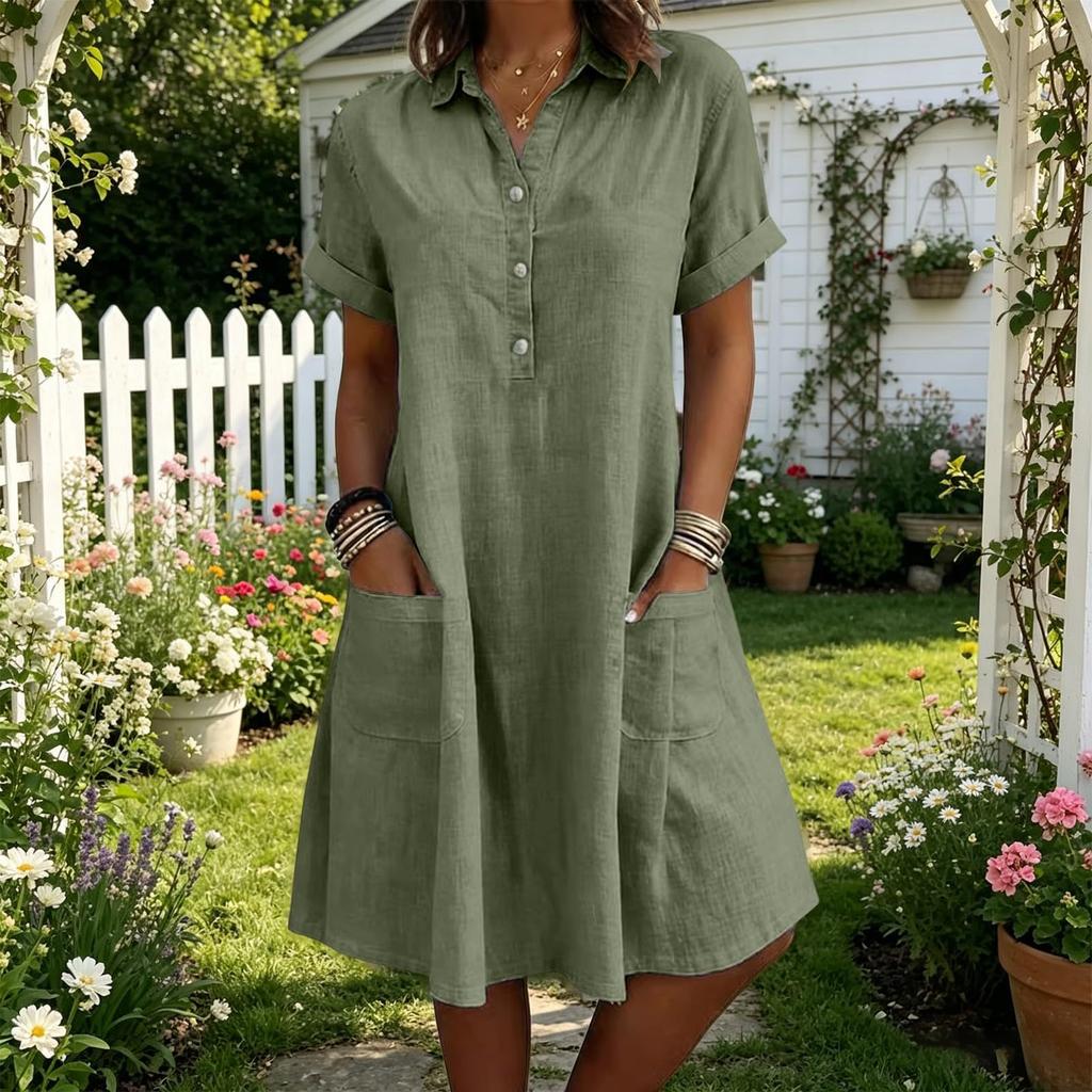 Women Casual Loose Fit Short Sleeve Dress with Lapel Collar Button Front and Pockets Comfortable Summer Dress