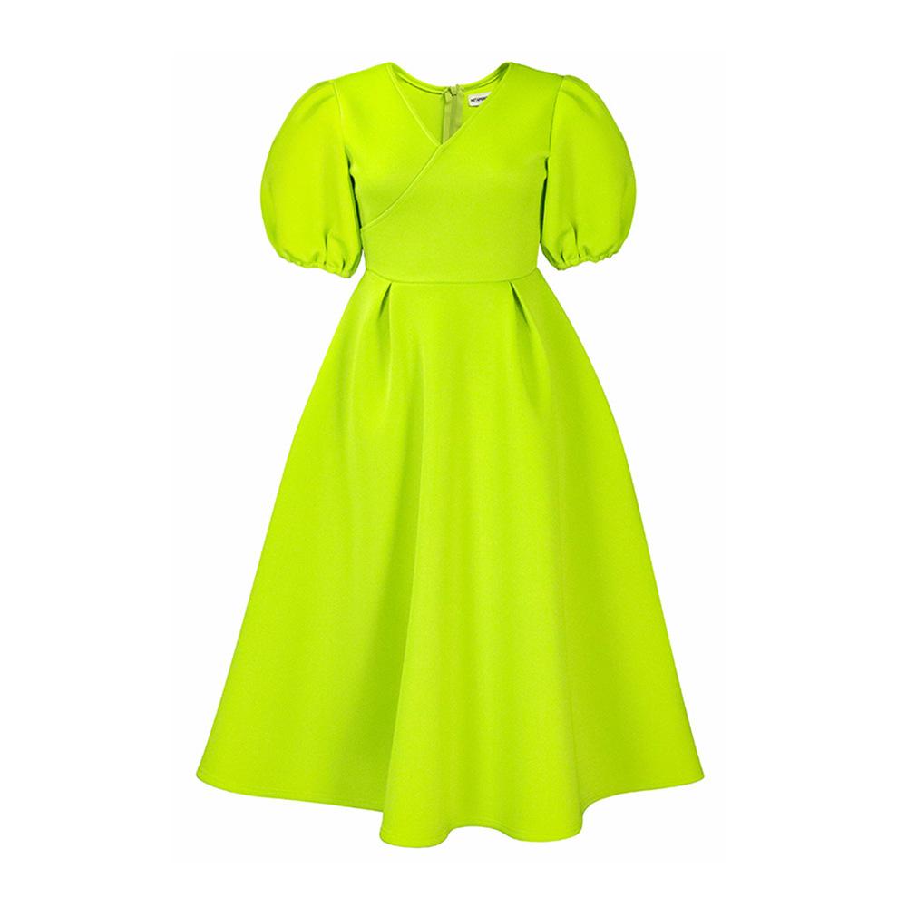 

Женское модное однотонное платье большого размера, элегантное цельное платье с v-образным вырезом и пышными рукавами S зелёный