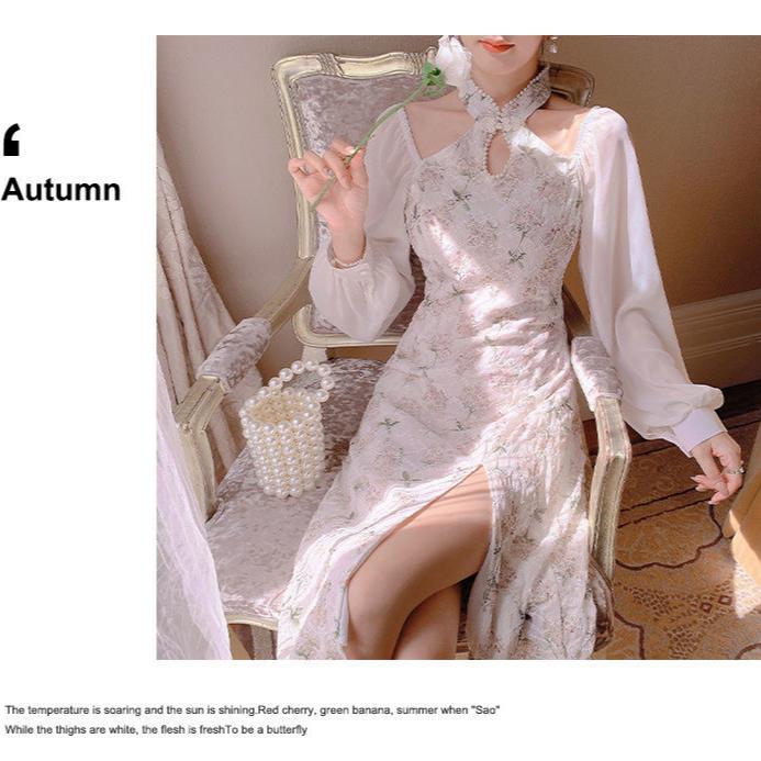 Besticktes Perlen-Cheongsam-Kleid mit schlanker Passform, mittellang, sexy Seitenschlitz, lange Kleider