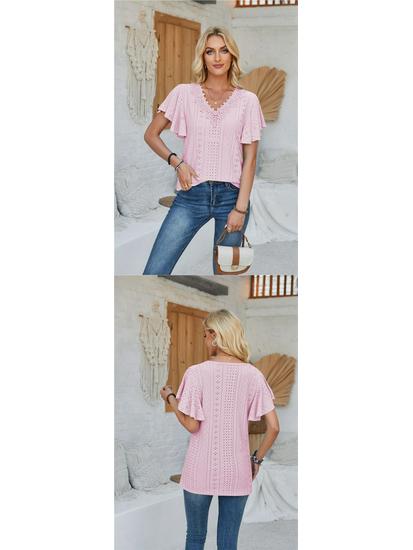 Spring/Summer Women's Lace V-Neck Ruffle Sleeve Loose T-Shirt