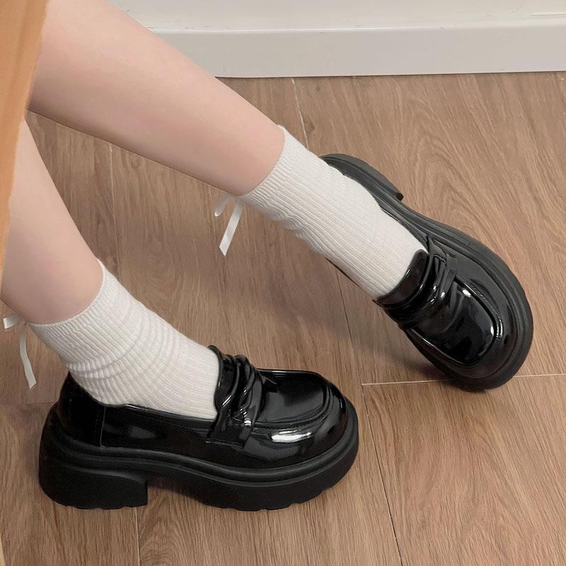 French thick heel British style small leather shoes women's 2025 new autumn one-pedal round head single shoes black jk loafers