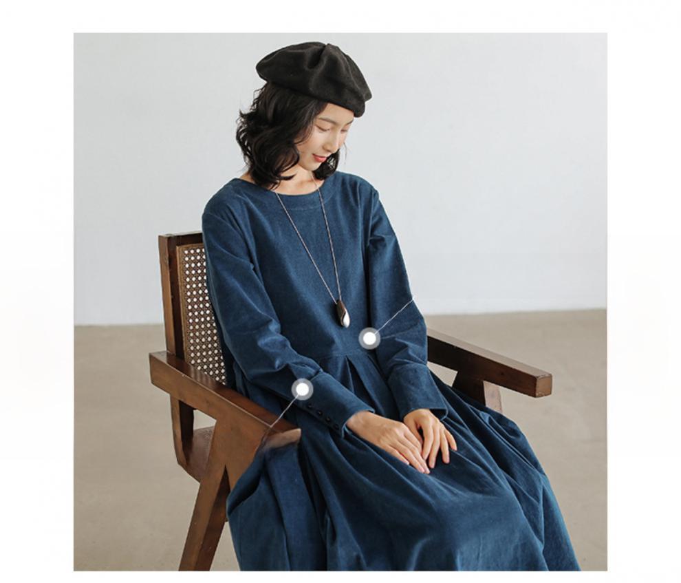 Autumn 2021 Japanese-Korean Corduroy Literary Dress - Women's Long-Sleeve Midi Skirt