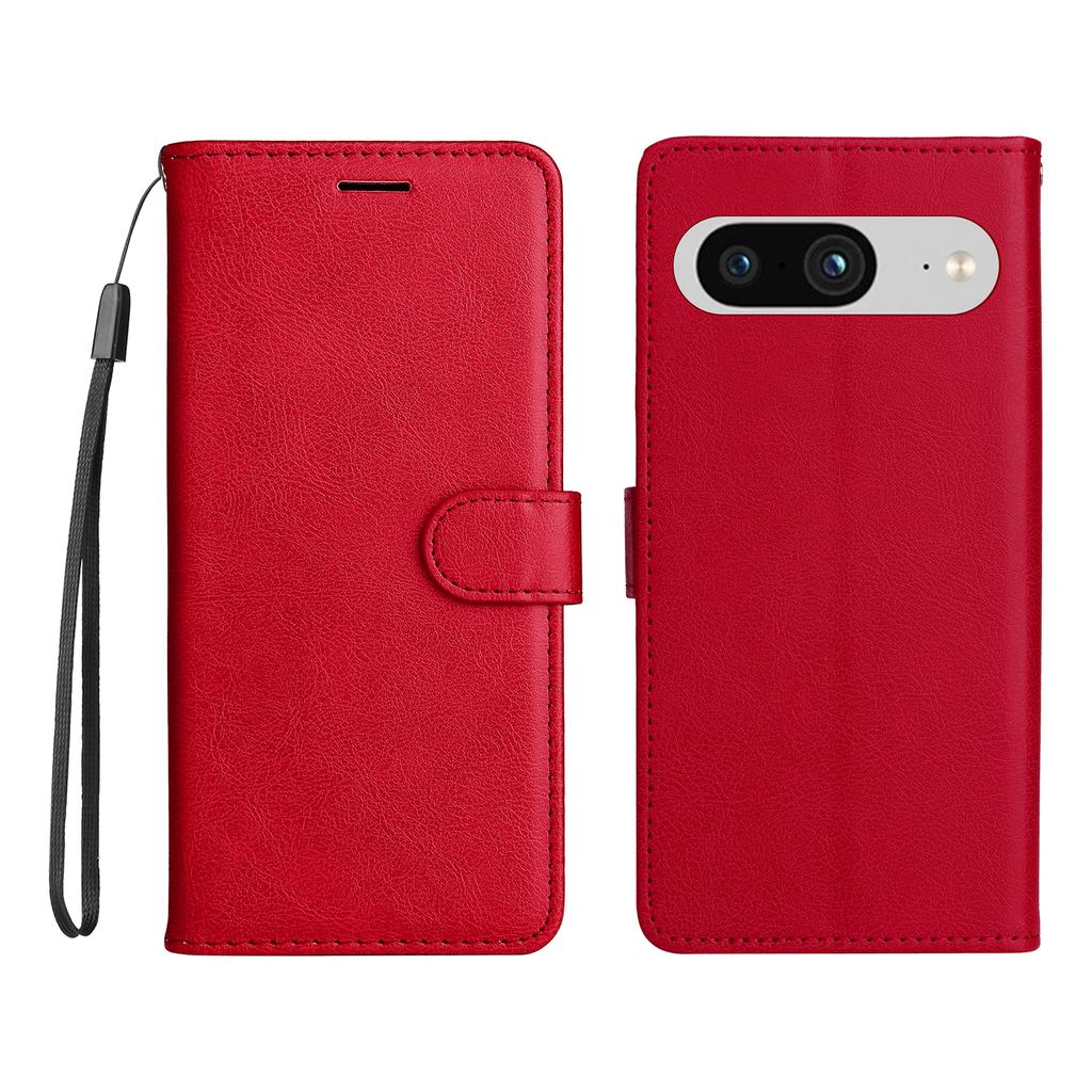For Google Pixel 8 Leather Wallet Case with Strap Solid Color Phone Stand Cover