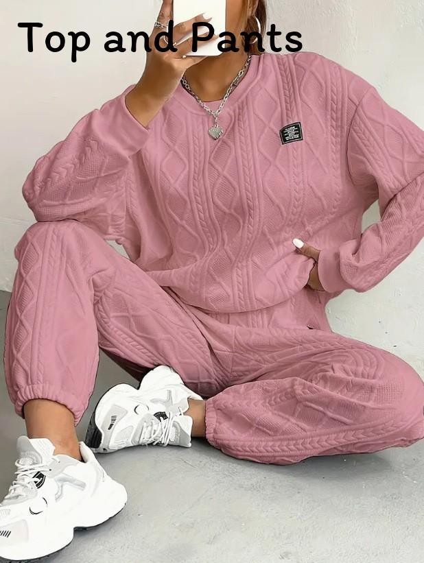 Autumn Winter Trendy Geometric Pattern Knit Pantsuit For Women Casual Lounge Wear
