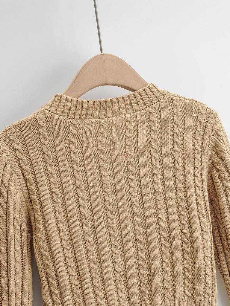 European & American Style Solid Color Cable Knit Cardigan - Round Neck, Single-Breasted, Long Sleeve Top for Women