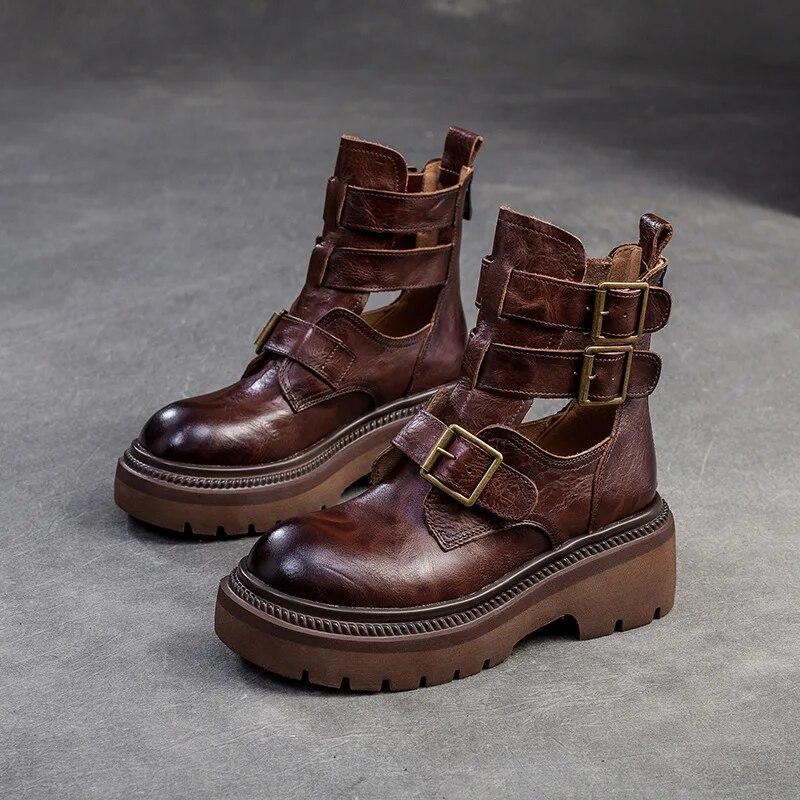 Johnature Römische Gladiator-Sandalen aus echtem Leder mit dicker Sohle, vielseitige modische Damenschuhe