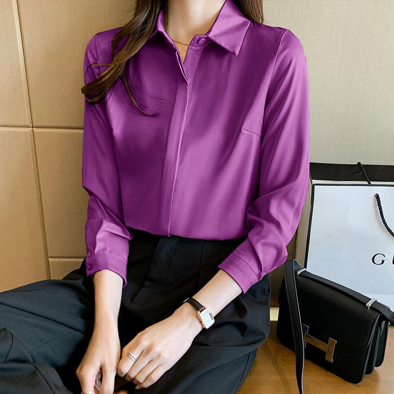 Gray Blue Satin Shirt for Women 2025 Long Sleeve Spring Versatile Hidden Placket Hong Kong Style Draping Commuter Chic Mature Blouse Top