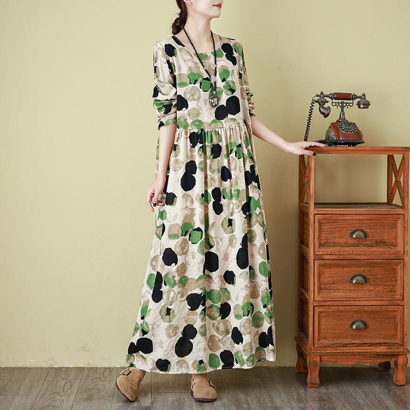 Spring Floral Vacation Style Travel Round Neck Retro Long Skirt with Meat Covering Cotton Linen Dress