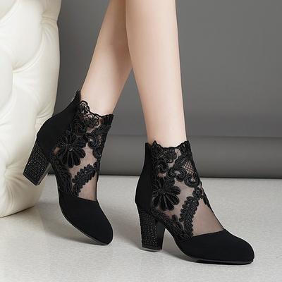 Yeni Moda Kadınlar Yüksek Topuklu Dantel Çiçek Ayak Bileği Kayışı Oymak Sandalet Yuvarlak Ayak Zip Pompaları Zapatos De Mujer