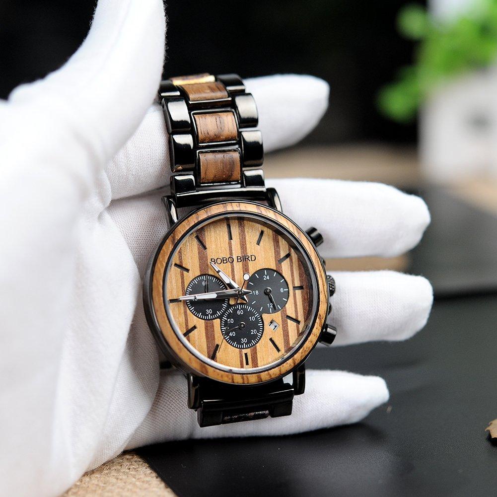 BOBO Bird Wooden Stylish Wood Stainless Steel Chronograph Military Quartz Casual Watch with Black Wood Band Men's Watch, &