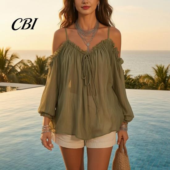 Top Comodi Taglio Ampio Top da Donna, Camicia a Maniche Lunghe Puff, Pullover Sling Senza Spalle Camicia Casual Leggera Blusa Monocolore per