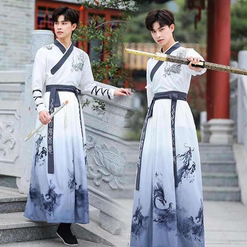 Herren Chinesischer Stil Hanfu Set, Antikes Wuxia Kampfsport Kostüm, Stickerei Tägliches Outfit