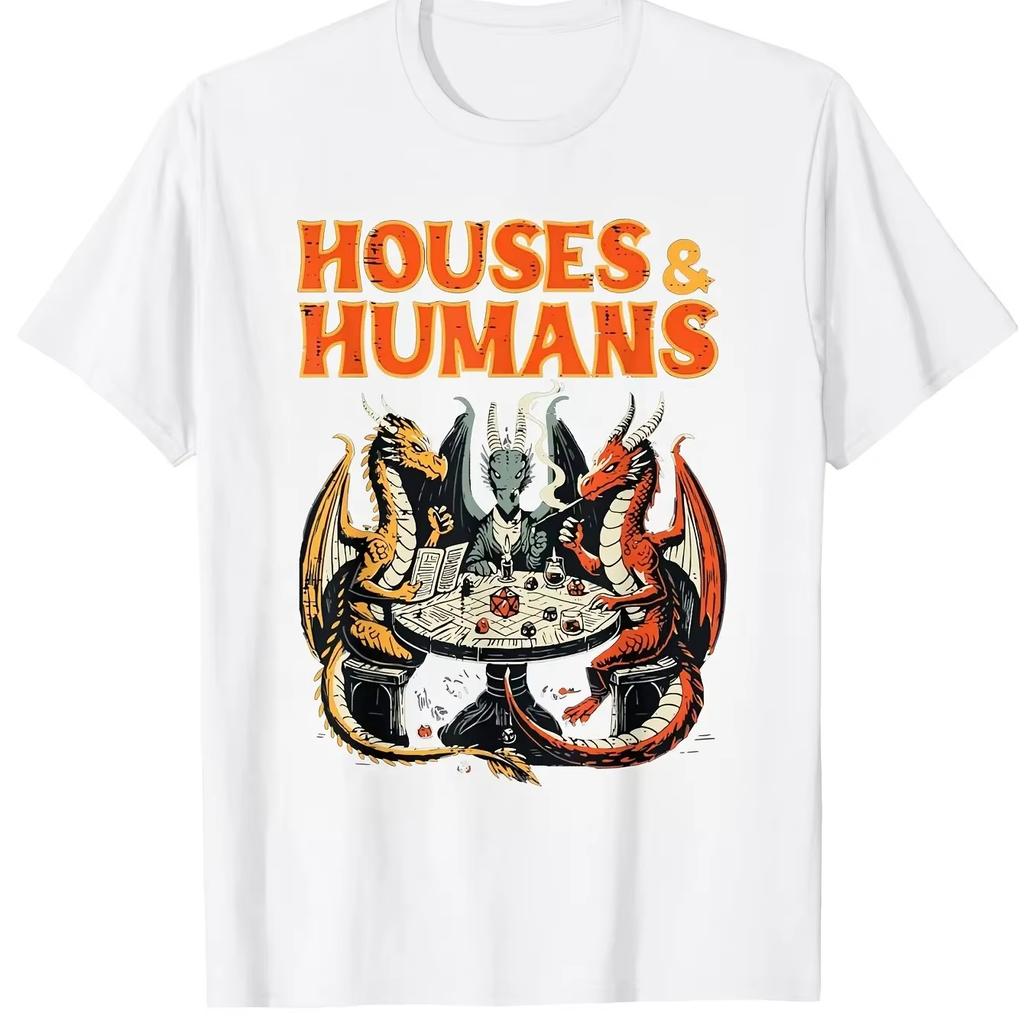 Fun Dungeons&Dragons Inspired Summer Men's T-shirt House&Humans RPG Parody Game Player Tees with Dragon and Wizard Battle Design