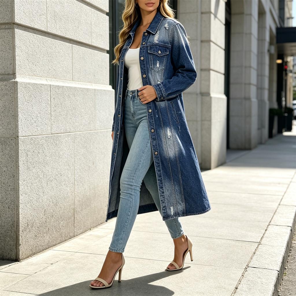 Women's Casual Ripped Denim Long Jacket Coat for Everyday Wear