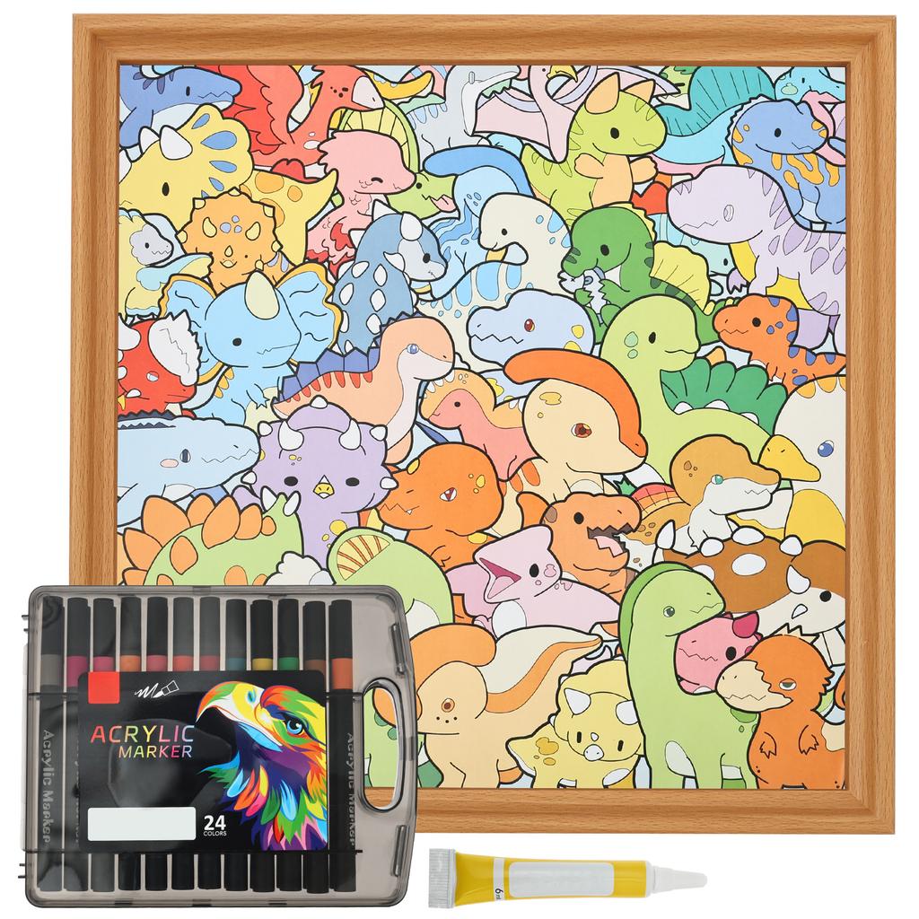 Wooden Coloring Puzzle DIY Doodling Jigsaw Puzzles with 24 Color Marker Pen Dinosaur/Monster Coloring Puzzle for Home Decoration