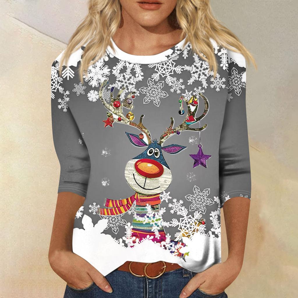 Damenmode Lässiges Rundhals-T-Shirt mit 3/4-Ärmeln und lockerem Aufdruck